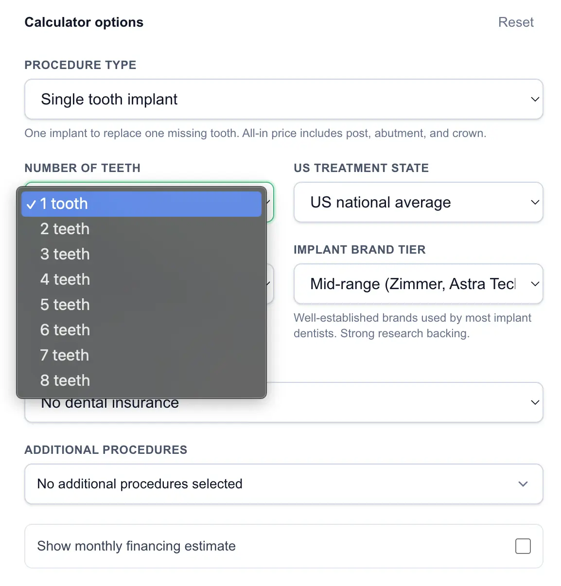 Number of teeth menu for a single-tooth implant estimate