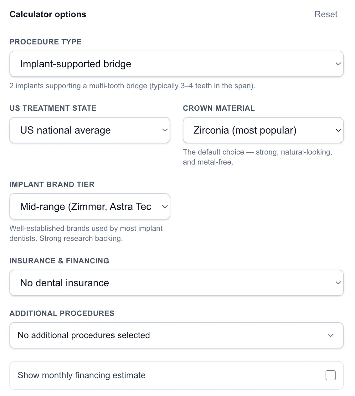 Calculator options for an implant-supported bridge