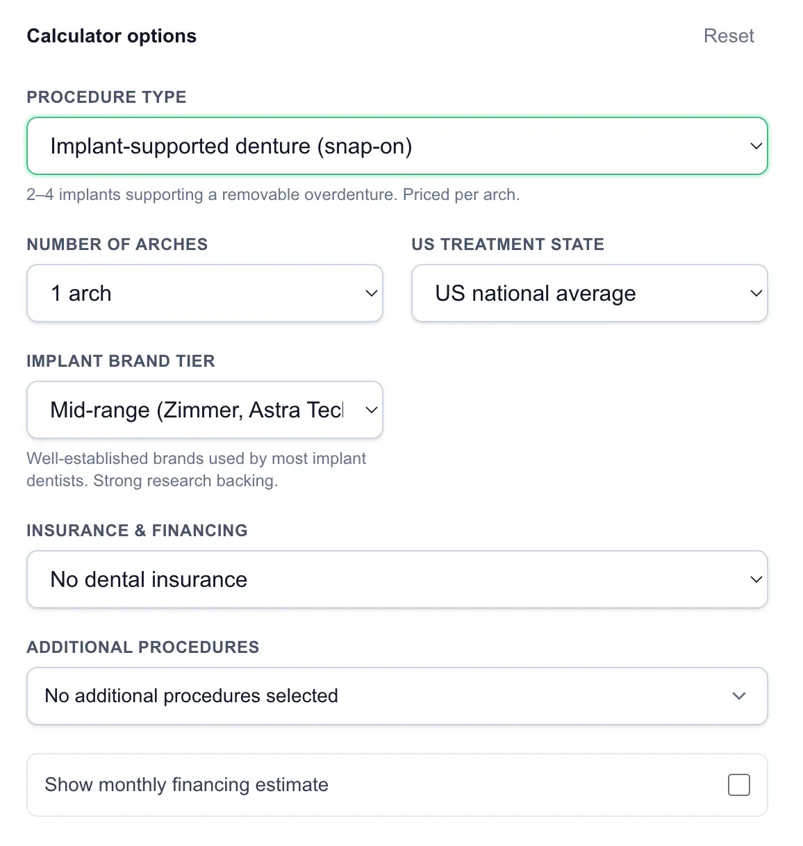 Calculator options for an implant-supported snap-on denture