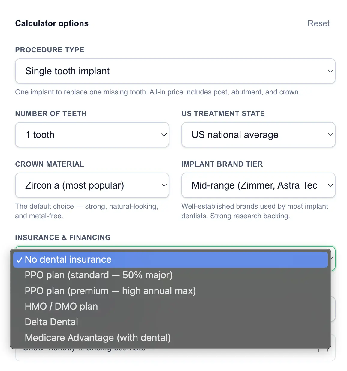 Insurance and Financing menu showing dental insurance choices