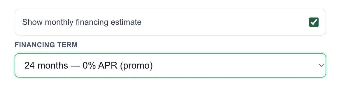 Monthly financing estimate option and financing term menu